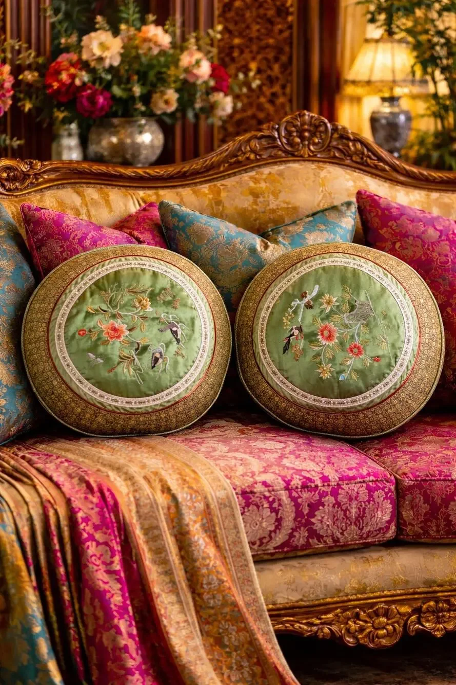 VTG Embroidered roundel Chinese Silk Textile Pillow Cases Lot Bird Decoration 2